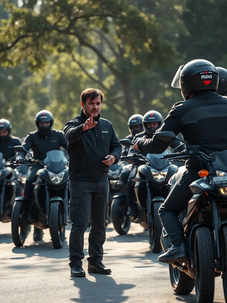 A photograph of a certified instructor demonstrating proper riding posture to a group of attentive motorcyclists during a TEAM GRIP ATTACK training session.