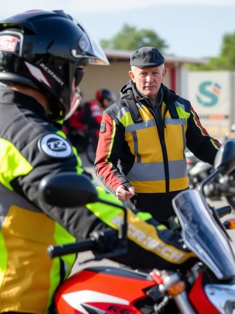 A motorcyclist receiving personalized coaching from a certified instructor, focusing on specific riding techniques and areas for improvement during a training session.
