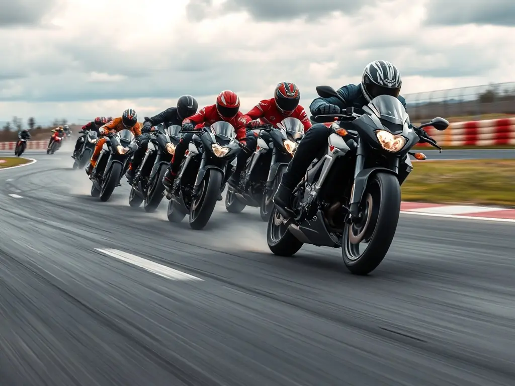 An action-packed image of motorcyclists speeding around a racetrack during a track day event, emphasizing the thrill and excitement of competitive riding.