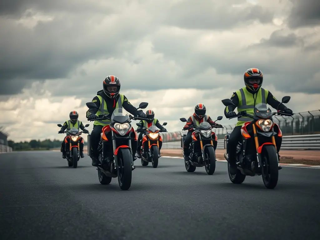 A group of motorcyclists participating in a safety training session, demonstrating proper techniques and protective gear under the guidance of instructors.