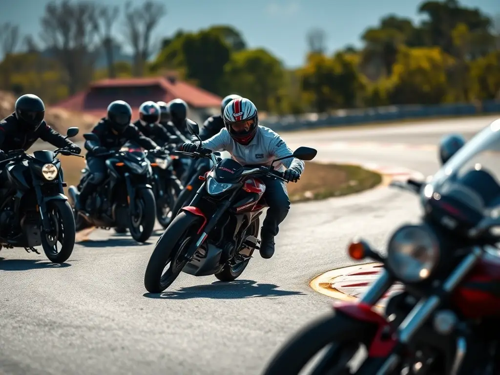 A dynamic shot of motorcyclists participating in a supervised training session on a racetrack, showcasing their focus and skill development under expert guidance.