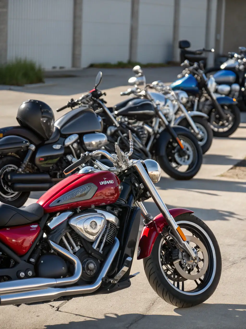 A group of motorcyclists preparing for a track day event, inspecting their bikes and gear, showcasing the excitement and preparation involved in competitive riding.