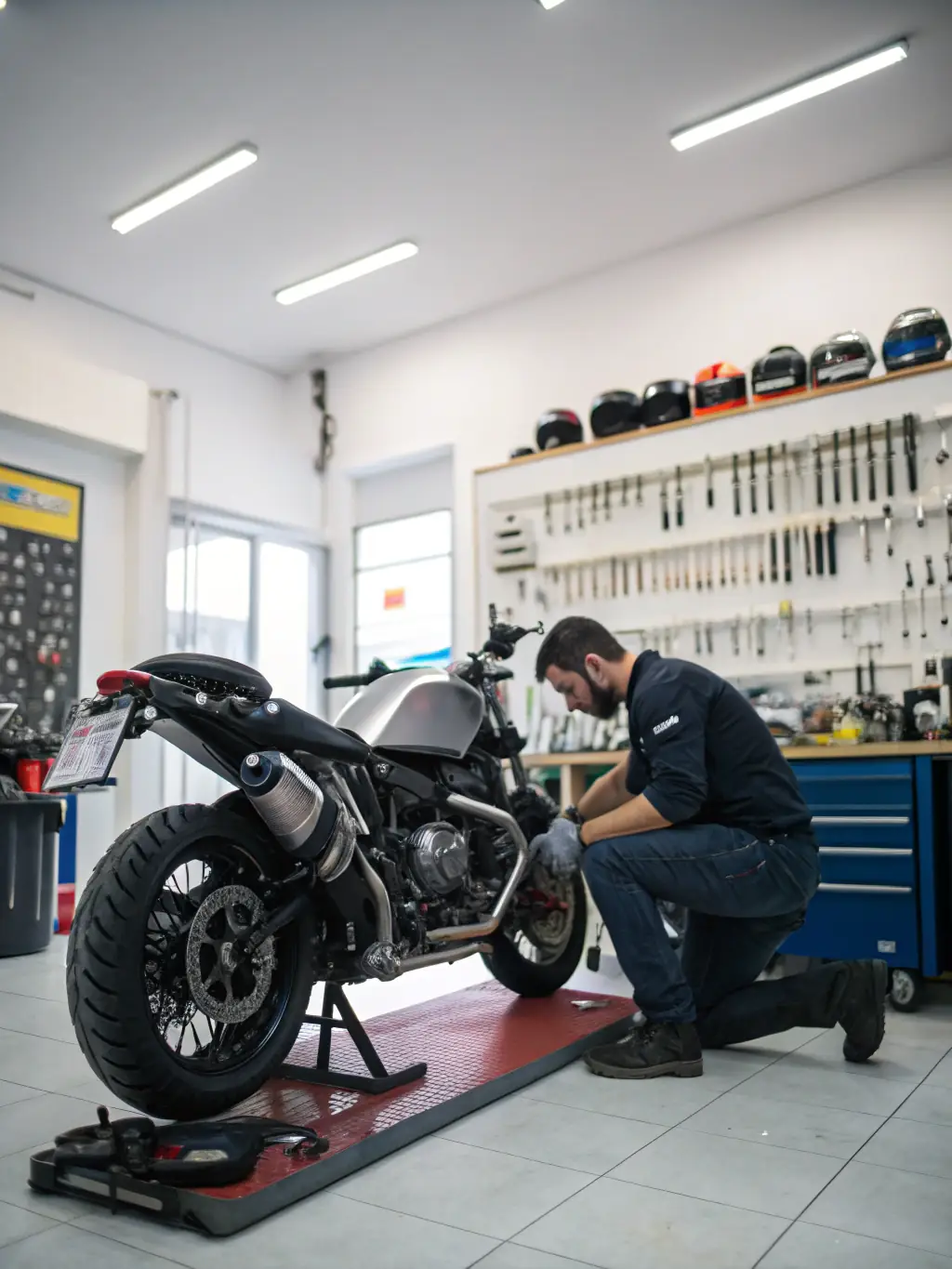 An image of a well-maintained motorcycle inspection area at a TEAM GRIP ATTACK event, emphasizing the association's commitment to safety.