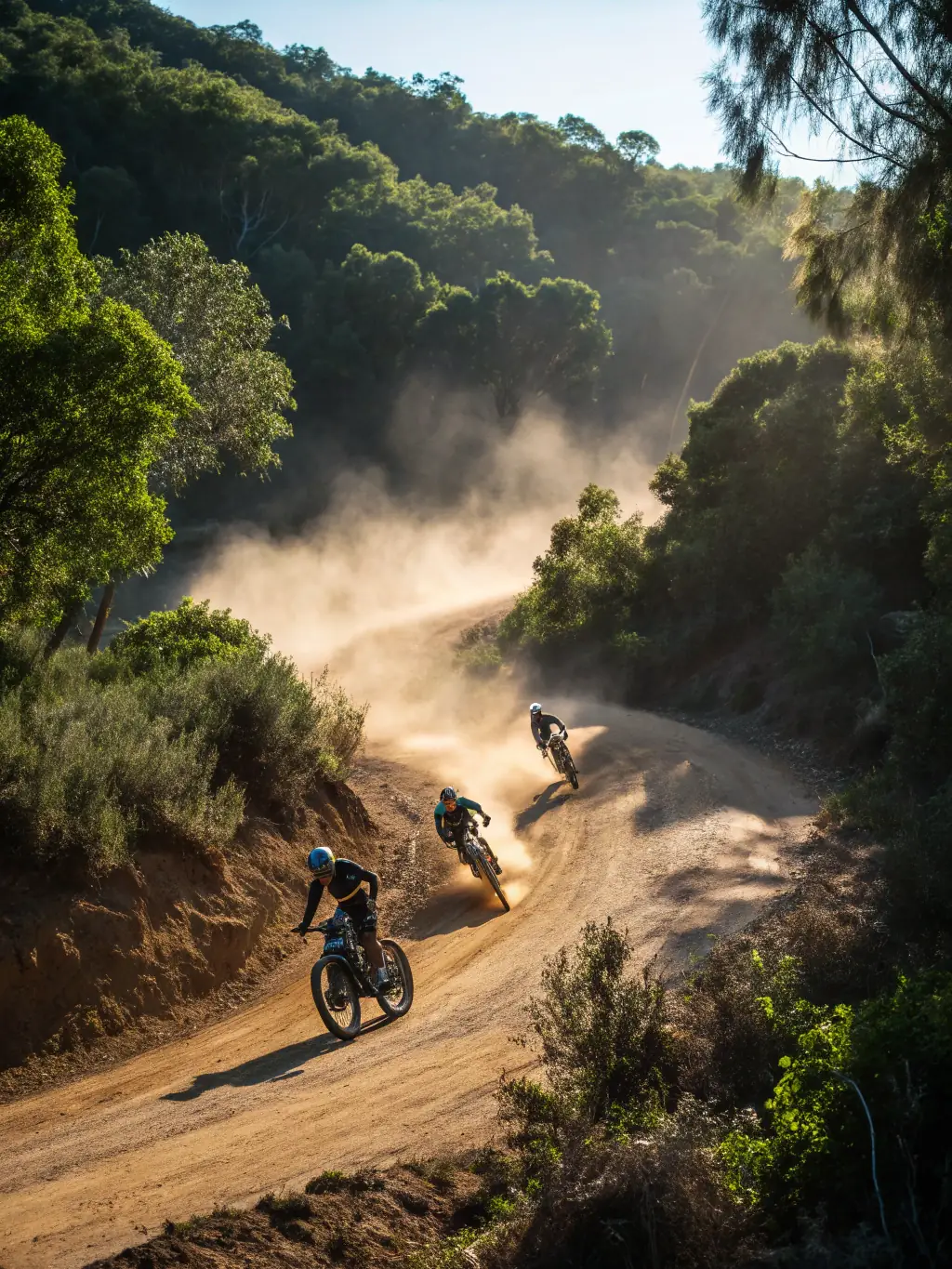 A dynamic image capturing motorcyclists practicing advanced cornering techniques on a racetrack during a TEAM GRIP ATTACK track day event.
