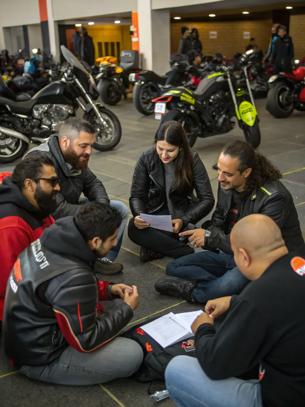 A photo showcasing a diverse group of TEAM GRIP ATTACK members socializing and sharing experiences at a post-track day gathering.